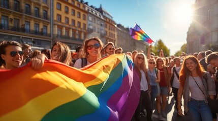 People holding rainbow flag on LGBTQ pride parade.