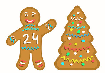 Gingerbread man with the number 24 denoting New Year 2024. Cookie stylized Christmas tree.