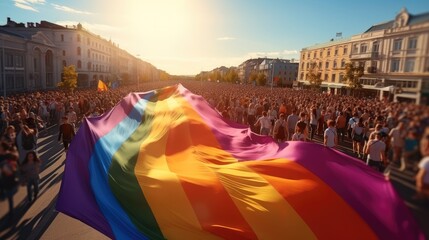 Obraz na płótnie Canvas People holding rainbow flag on LGBTQ pride parade.