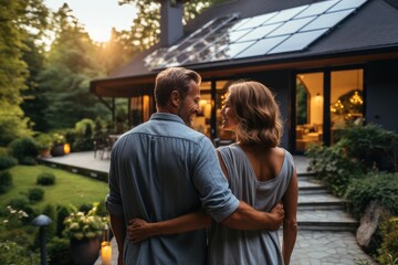 Happy married couple is standing near their house with solar panels, Alternative energy, Saving resources, Saving electricity. - Powered by Adobe