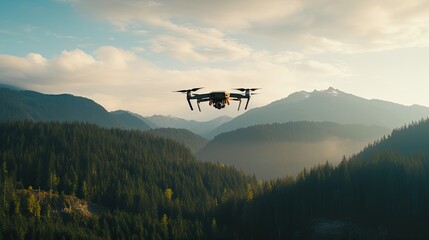 High-tech drone with a digital camera in flight. Application of future technologies. Illustration for banner, poster, cover, brochure or presentation.