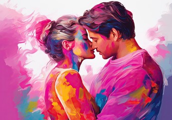 Passionate kiss between charming handsome lovers. Colorfull image of loving couple. Cropped close up profile. Digital art in the style of a painted picture. Illustration for cover, card or print. - obrazy, fototapety, plakaty