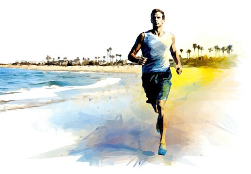 A young guy is jogging along the coast during the daytime. A man goes in for sports in nature. Healthy lifestyle. Illustration for cover, card,  interior design, poster, brochure or presentation.