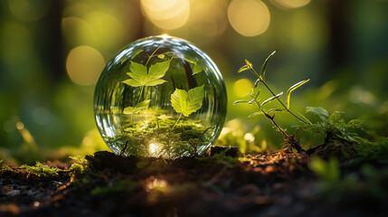 Glaskugel reflektiert grüne Blätter und Lichtspiele in einem Wald, umgeben von Moos und Natur. Magische und friedliche Atmosphäre
