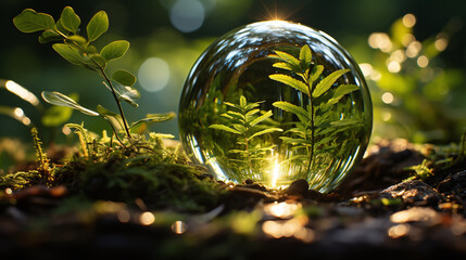 Glaskugel reflektiert grüne Blätter und Lichtspiele in einem Wald, umgeben von Moos und Natur. Magische und friedliche Atmosphäre - obrazy, fototapety, plakaty