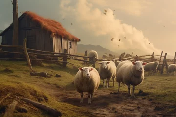 Gardinen Rural lifestyle concept, farm with pigs goats and sheep © Artofinnovation