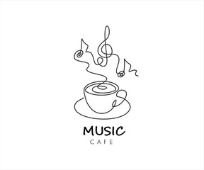 Continuous one line drawing of Cup of coffee with musical notes. Music cafe concept.