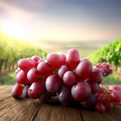 Fresh grapes fruits bunch on wooden table with vineyard field on morning sunshine background, Generative AI