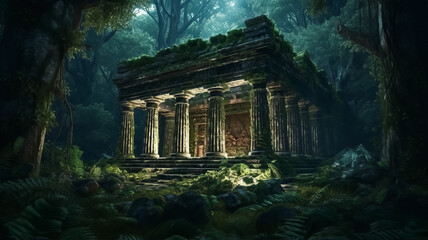 Ancient temple in forest at night, overgrown ruins of old building. Surreal mystical fantasy artwork. Generative AI - obrazy, fototapety, plakaty
