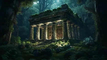Tuinposter Ancient temple in forest at night, overgrown ruins of old building. Surreal mystical fantasy artwork. Generative AI © lali