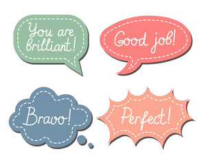 Set of motivational stickers, Work and Great Job speech clouds. School award, encouragement stamp. Student icons in cartoon style, stickers, vector