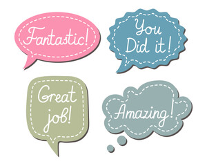 Set of motivational stickers, Work and Great Job speech clouds. School award, encouragement stamp. Student icons in cartoon style, stickers, vector