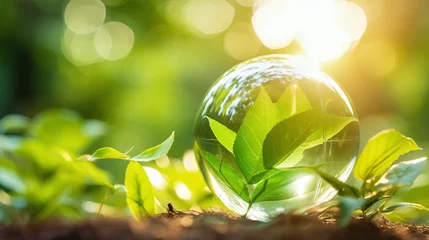 Foto op Plexiglas Glaskugel reflektiert grüne Blätter und Lichtspiele in einem Wald, umgeben von Moos und Natur. Magische und friedliche Atmosphäre © mutom