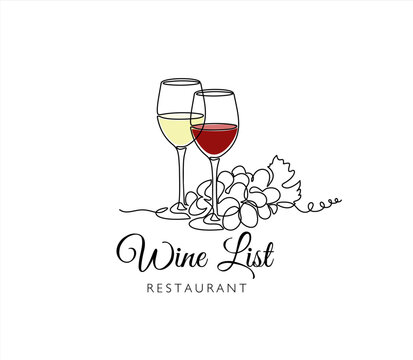 Wine list. Continuous one line drawing of wineglasses with red and white and bunch of grapes. Illustration with quote template. Can used for logo, emblem, slide show and banner.