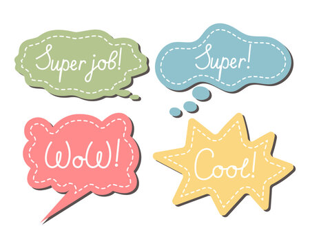 Set of motivational stickers, Work and Great Job speech clouds. School award, encouragement stamp. Student icons in cartoon style, stickers, vector