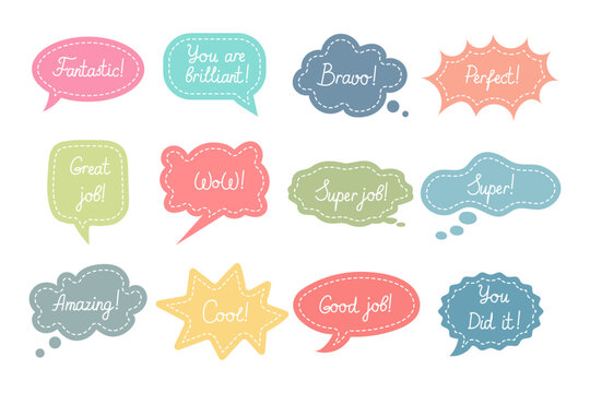 Set of motivational stickers, Work and Great Job speech clouds. School award, encouragement stamp. Student icons in cartoon style, stickers, vector