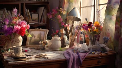 Artist's table with brushes and paints