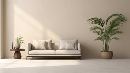 interior soft minimalist living room warm with curved low sofa, and palm leaf in vase. Generative Ai