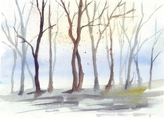 Autumn landscape with trees using watercolor painting techniques.