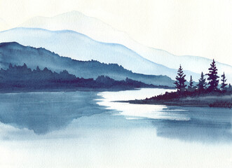 Watercolor picturesque landscape with mountains, lakes and pine trees.