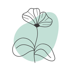 Stylish vector flower on isolated background. Linear doodle style. Light green spot. For emblems, postcards, icons.