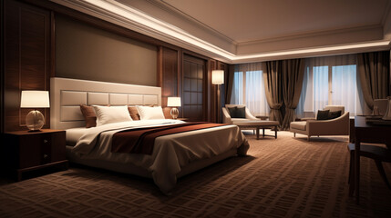 Fototapeta na wymiar Bright and cozy modern bedroom with dressing room. Generative Ai