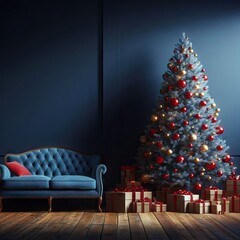 The wall of the dark blue room, decorated with a big fluffy Christmas tree with red and yellow balls