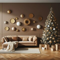 a modern wall in light brown shades, decorated in a New Year's style with golden ornaments, parquet covered with Christmas decorations, a large fluffy Christmas tree, minimalism