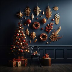 The wall of the dark blue room, decorated with a big fluffy Christmas tree with red and yellow balls