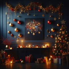 The wall of the dark blue room, decorated with a big fluffy Christmas tree with red and yellow balls