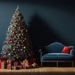 The wall of the dark blue room, decorated with a big fluffy Christmas tree with red and yellow balls