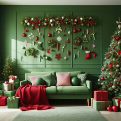 Green room wall decorated in New Year's or Christmas style in red and green colours with Сhristmas balls and tree