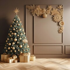 a modern wall in light brown shades, decorated in a New Year's style with golden ornaments, parquet covered with Christmas decorations, a large fluffy Christmas tree, minimalism