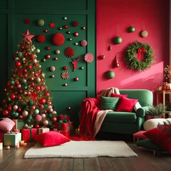 Green room wall decorated in New Year's or Christmas style in red and green colours with Сhristmas balls and tree