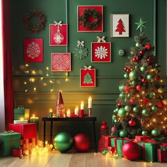 Green room wall decorated in New Year's or Christmas style in red and green colours with Сhristmas balls and tree