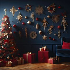 The wall of the dark blue room, decorated with a big fluffy Christmas tree with red and yellow balls