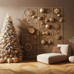 a modern wall in light brown shades, decorated in a New Year's style with golden ornaments, parquet covered with Christmas decorations, a large fluffy Christmas tree, minimalism