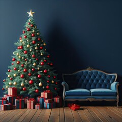 The wall of the dark blue room, decorated with a big fluffy Christmas tree with red and yellow balls