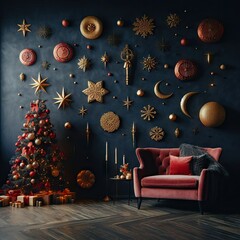 The wall of the dark blue room, decorated with a big fluffy Christmas tree with red and yellow balls