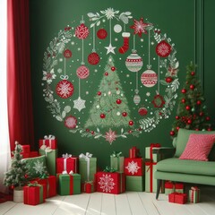 Green room wall decorated in New Year's or Christmas style in red and green colours with Сhristmas balls and tree