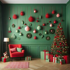 Green room wall decorated in New Year's or Christmas style in red and green colours with Сhristmas balls and tree
