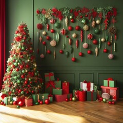 Green room wall decorated in New Year's or Christmas style in red and green colours with Сhristmas balls and tree