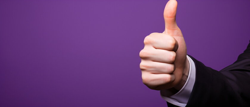 Hand with Thumb Up on purple Background for client, best satisfaction evaluation survey after use product and service concept.Good review result, quality product or service. Generative ai