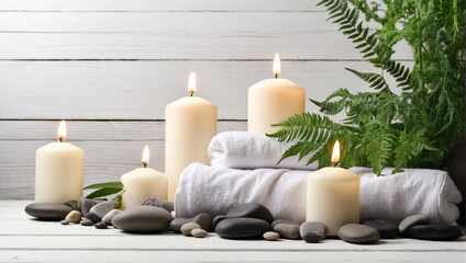 Fototapeta na wymiar Towel on fern with candles and hot stone on white wooden background. backdrop with copy space
