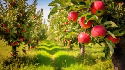 Apple trees in an orchard with ripe red apples 