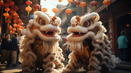 Dragon and Lion Dances in street, Two people in traditional Chinese festival lion costume and the...