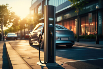 Electric vehicle charging station and power adapter in a parking lot. - obrazy, fototapety, plakaty