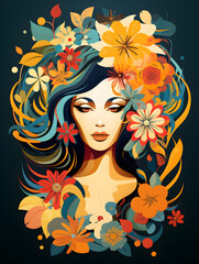 Illustration retro colorful portrait of a beautiful woman with flowers on the head, dark background 