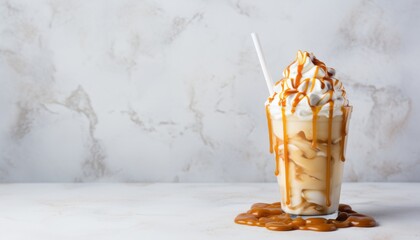 Iced caramel latte with whipped cream and caramel sauce on white stone table in contemporary kitchen