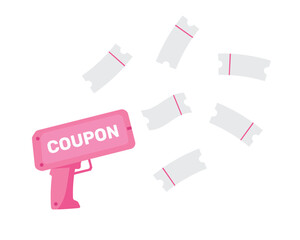 Pink coupon machine gun with coupons isolated on white background. Vector illustration